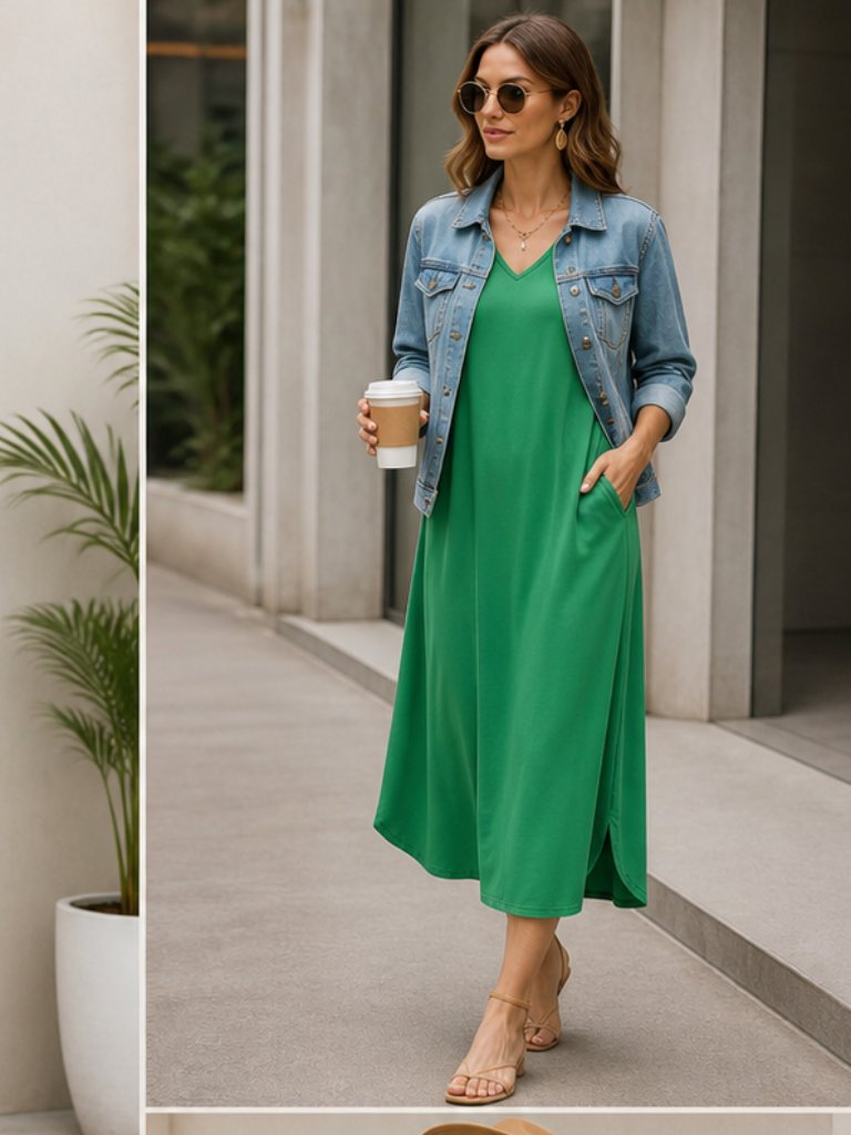 Entro Nwt Green Maxi Dress V Neck Jersey Knit Pockets Small